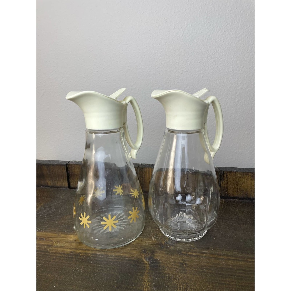 Collectible Glass Log Cabin Mid Century Syrup Pitcher with Gold Stars Set of 2